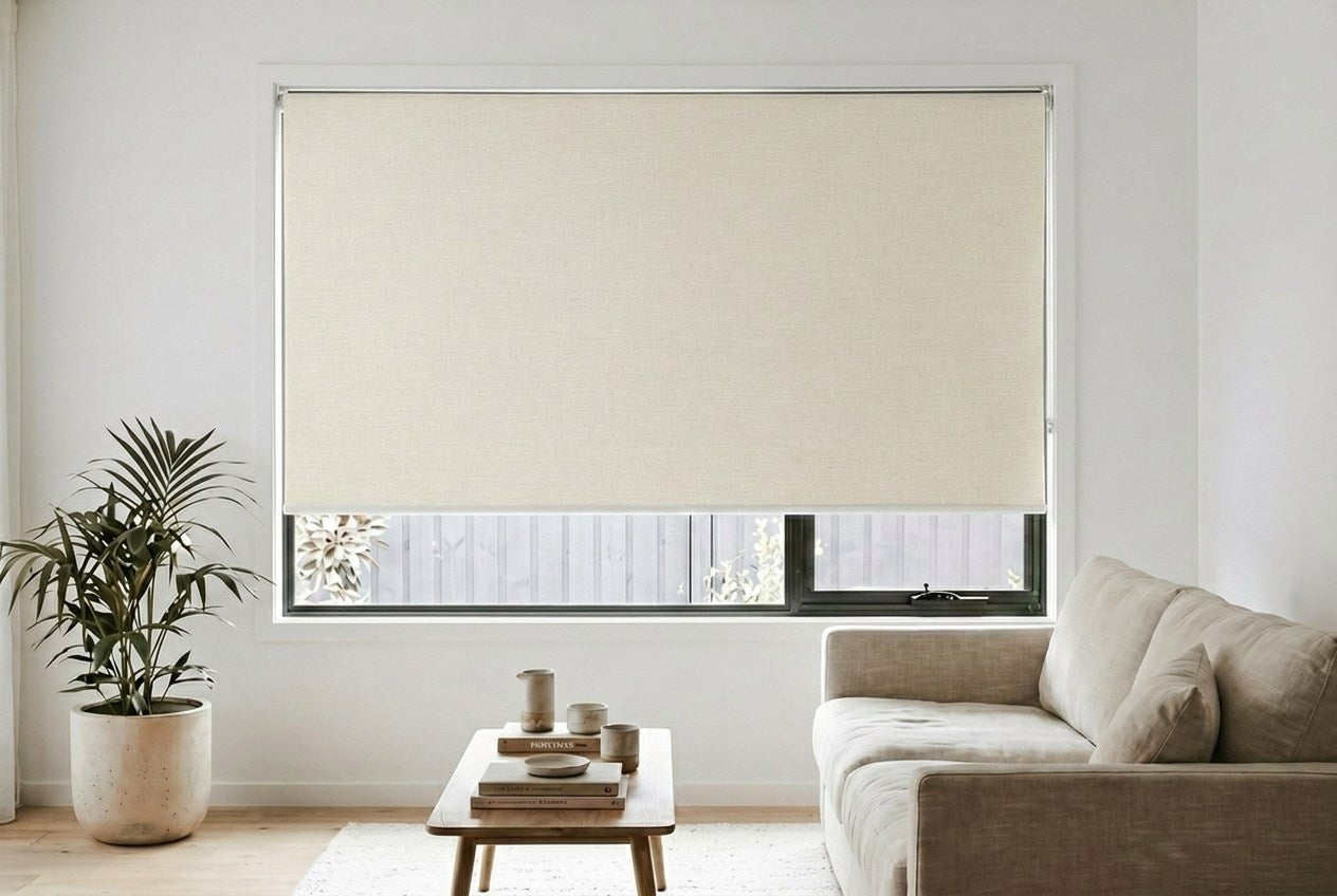 Linesque Blockout Roller Blind styled in a room